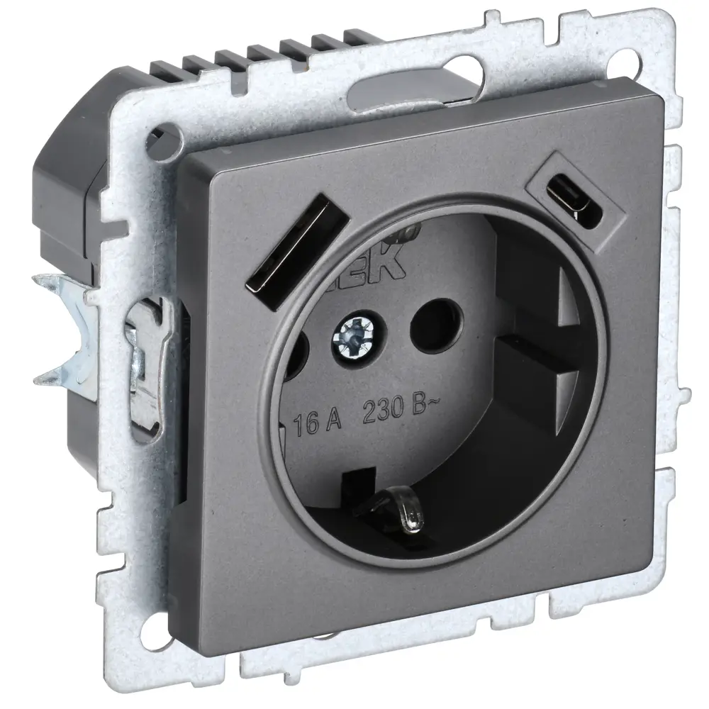 Фото Розетка USB встраиваемая Iek Brite BR-R14-16-U22-018-K46 с заземлением цвет сталь Фото Розетка USB встраиваемая Iek Brite BR-R14-16-U22-018-K46 с заземлением цвет сталь