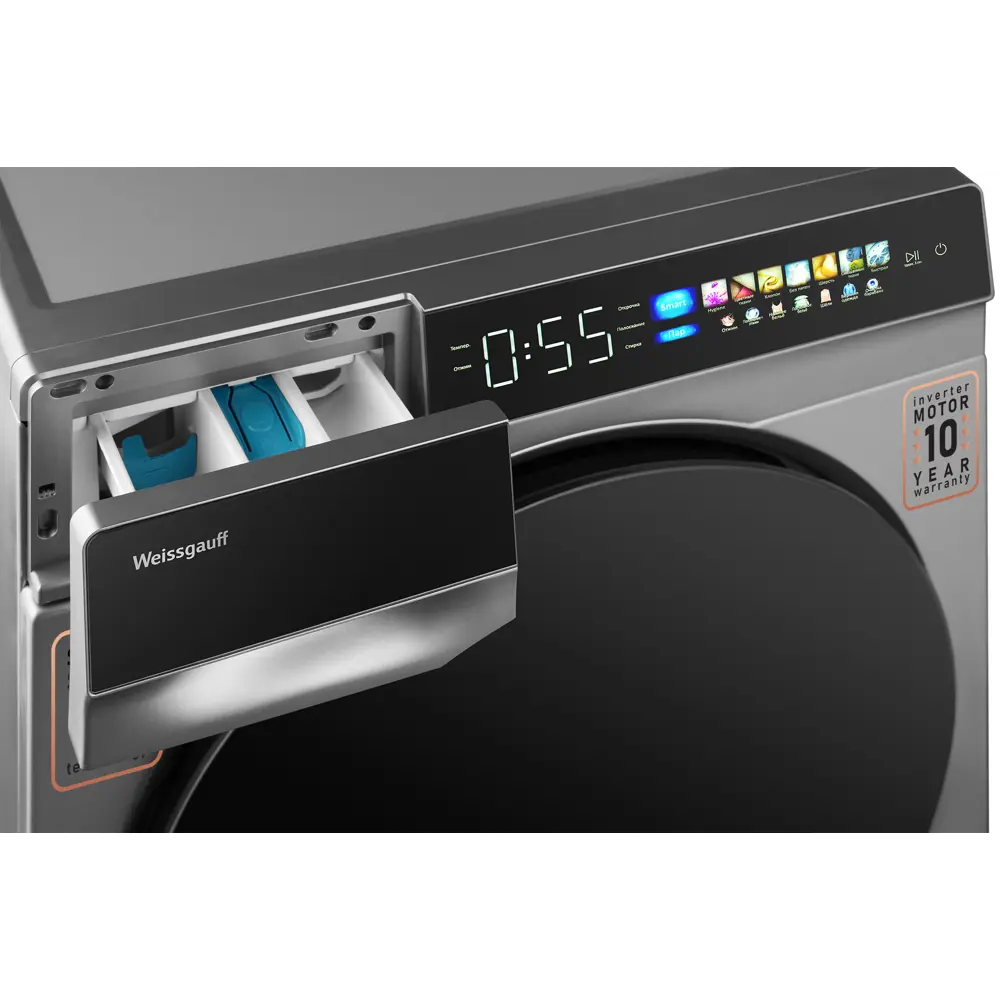 Фото 6 Стиральная машина Weissgauff WM 998 Full Touch DC Inverter Steam Silver с инвертором и паром 12 кг цвет серый Фото 6 Стиральная машина Weissgauff WM 998 Full Touch DC Inverter Steam Silver с инвертором и паром 12 кг цвет серый