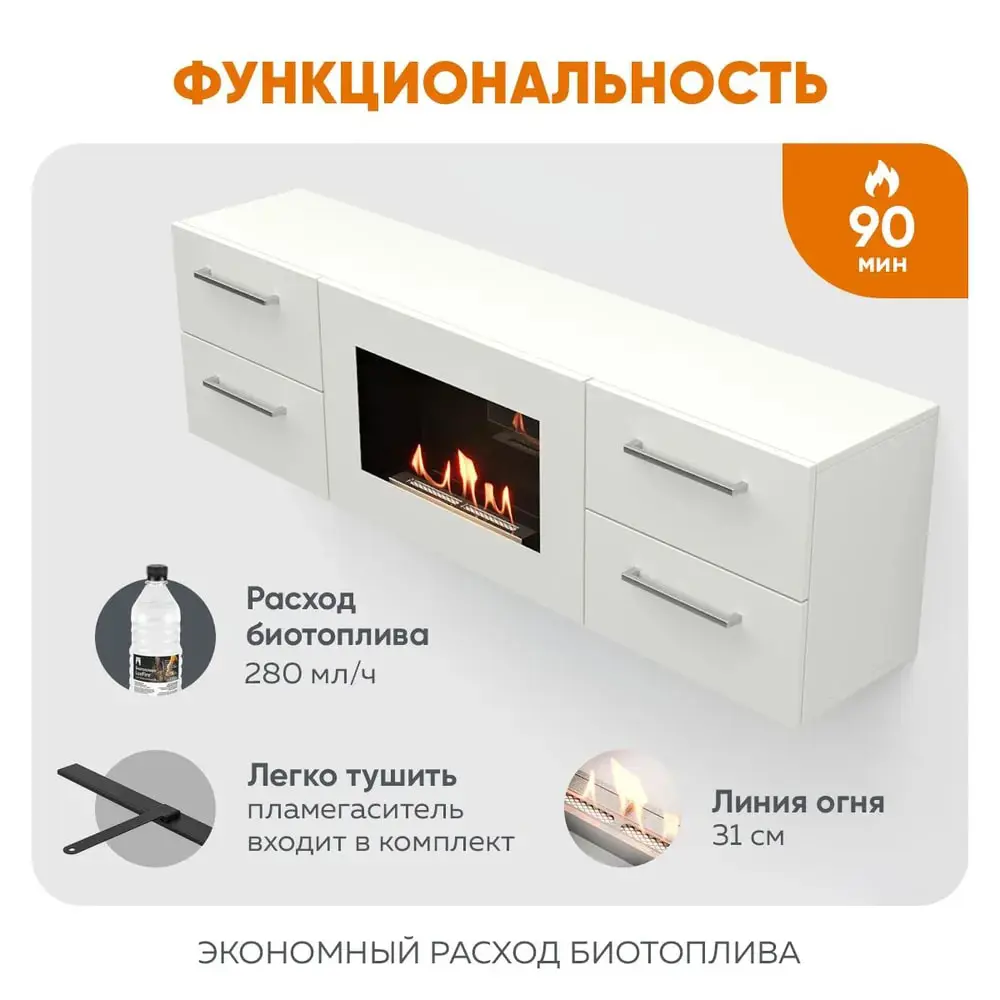 Фото 5 Тумба ТВ белая Роза настенная 1400 с белым биокамином Фото 5 Тумба ТВ белая Роза настенная 1400 с белым биокамином