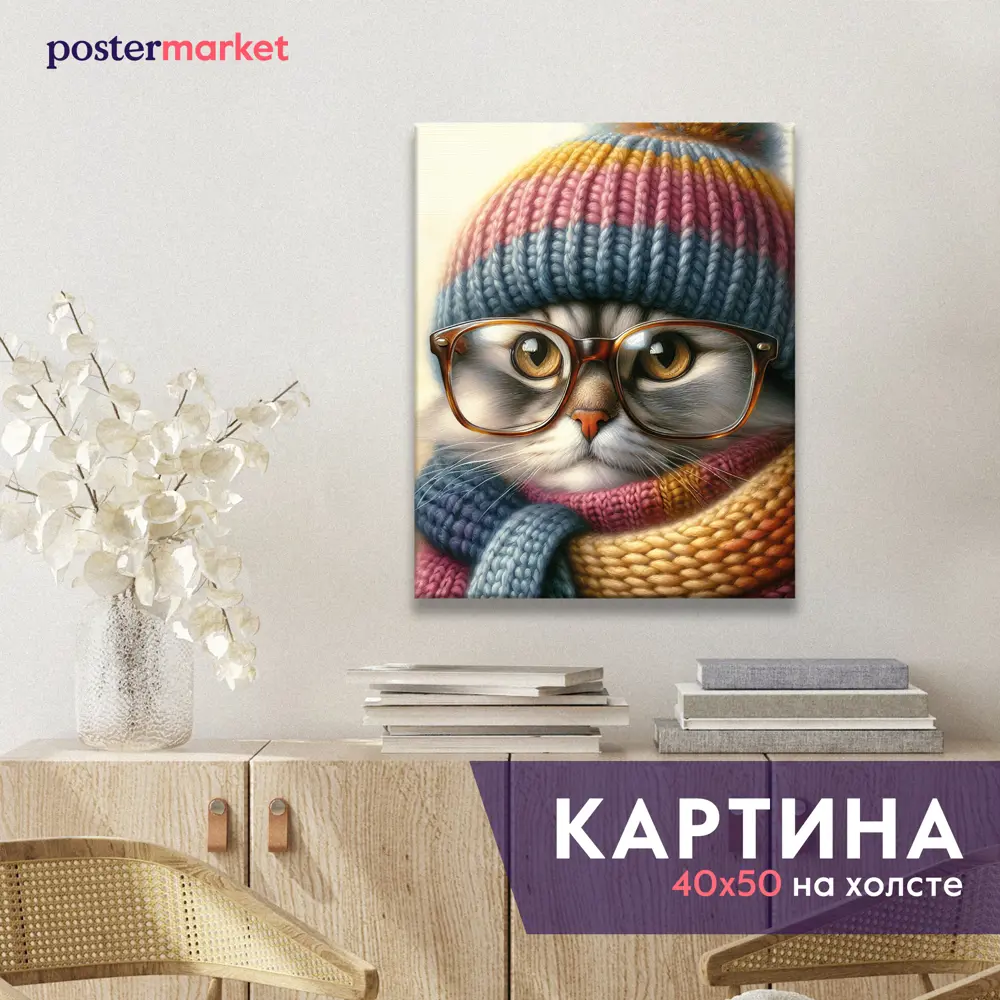 Фото Картина без рамки Postermarket Кот в шапке 50x40 см Фото Картина без рамки Postermarket Кот в шапке 50x40 см