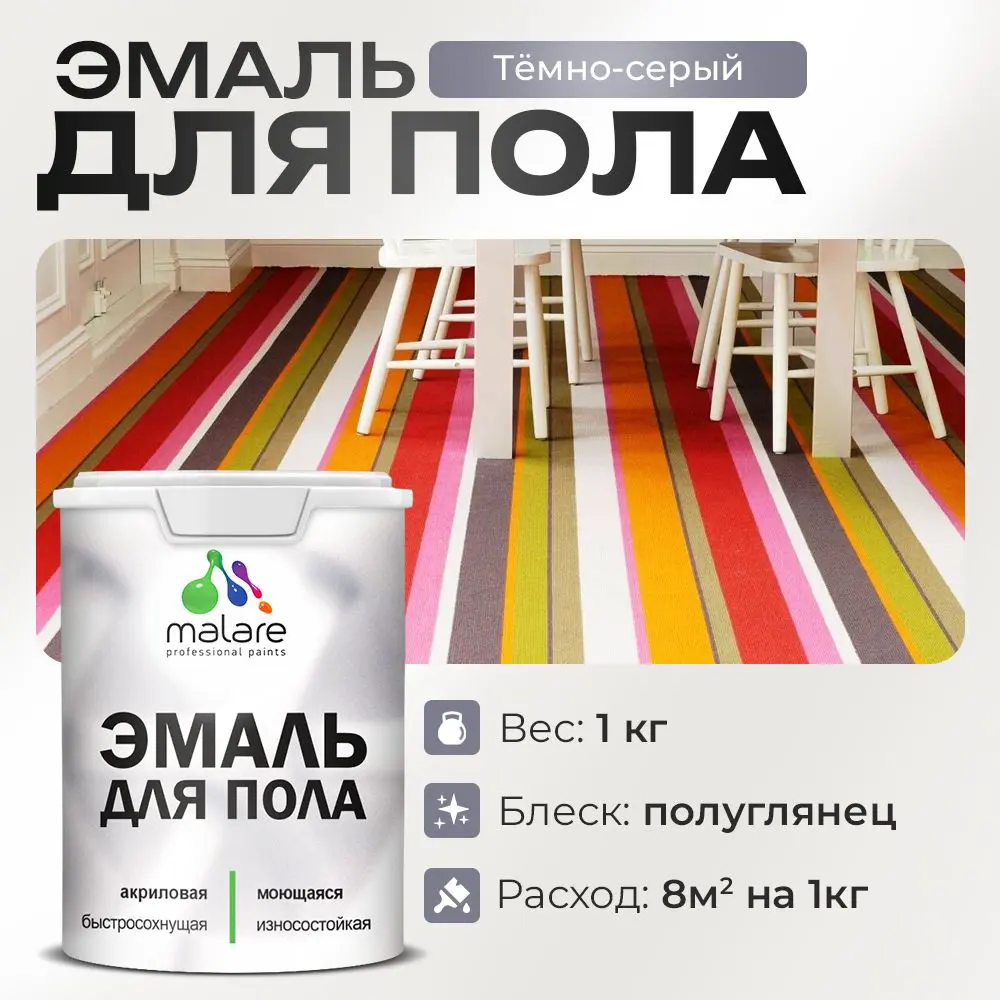 Фото Эмаль для пола Malare Professional износостойкая быстросохнущая полуглянцевая цвет темно-серая 1 кг
