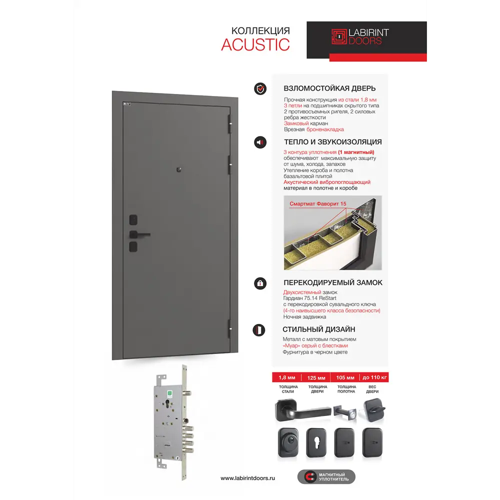 Фото 2 Входная дверь Лабиринт Акустик П-03 левый 205х96см белый софт/металлмуар серый