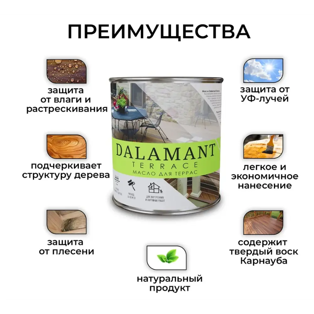 Фото 2 Масло для террас Dalamant Terrace матовое цвет бесцветный 0.7 л Фото 2 Масло для террас Dalamant Terrace матовое цвет бесцветный 0.7 л