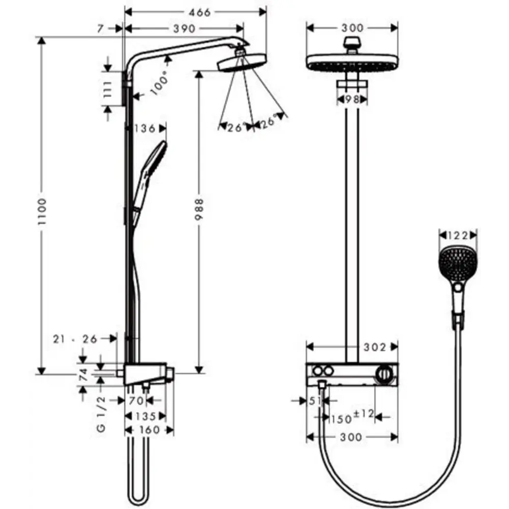 Фото 2 Душевая система HANSGROHE 27126400 HG Raindance Select Showerpipe E300 2 jet с кнопками управления цвет хром