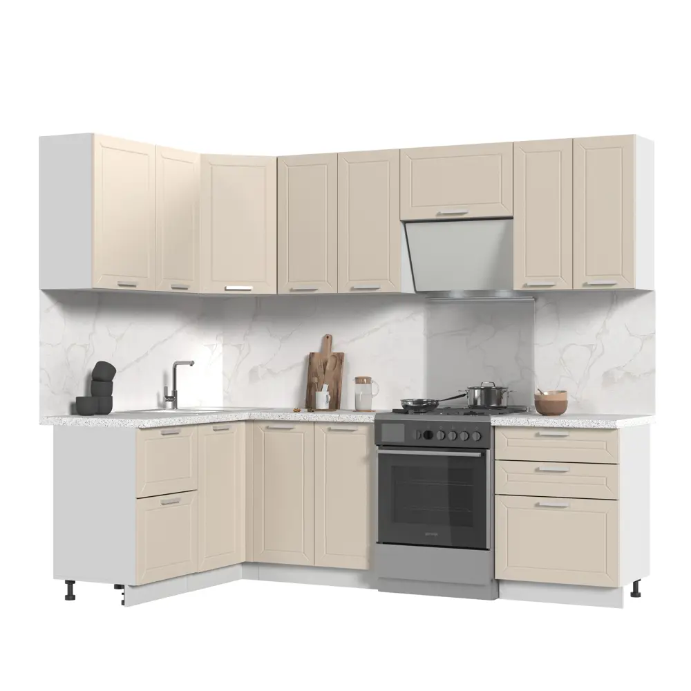 Фото Кухонный гарнитур угловой Стендмебель Альфа со столешницей Лён 38мм 190x217x130 см ЛДСП цвет холст белый