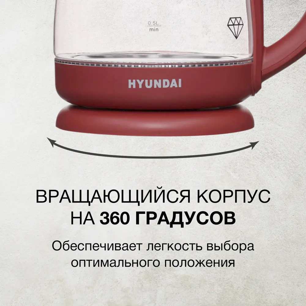 Фото 5 Электрический чайник 1.7 л Hyundai HYK-G1002 стекло цвет бордовый Фото 5 Электрический чайник 1.7 л Hyundai HYK-G1002 стекло цвет бордовый