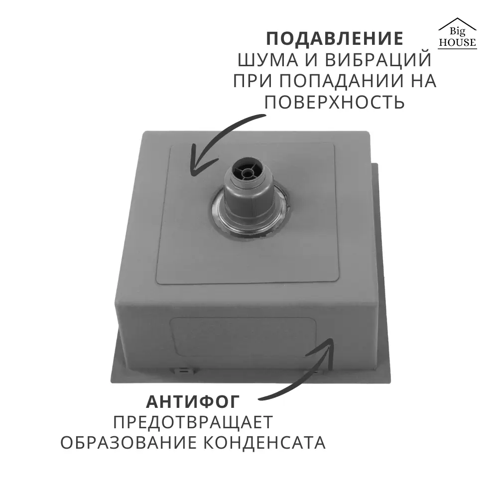Фото 4 Мойка для кухни Big House BH5050G-1/B/G-KD 50x50 см глубина чаши 21 см нержавеющая сталь цвет графит Фото 4 Мойка для кухни Big House BH5050G-1/B/G-KD 50x50 см глубина чаши 21 см нержавеющая сталь цвет графит