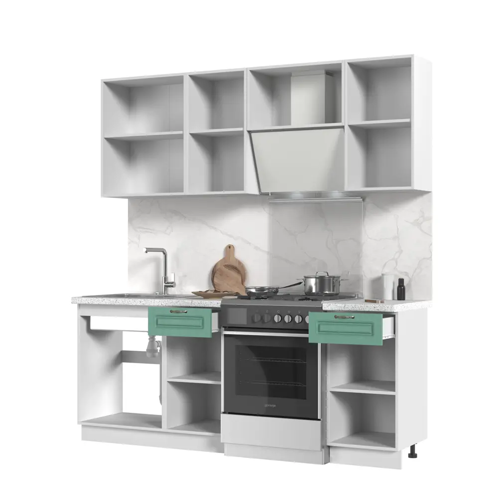 Фото 2 Кухонный гарнитур со столешницей Лён 2.6 см Стендмебель Модена 200x217x60 см МДФ цвет белый/дуб бирюзовый