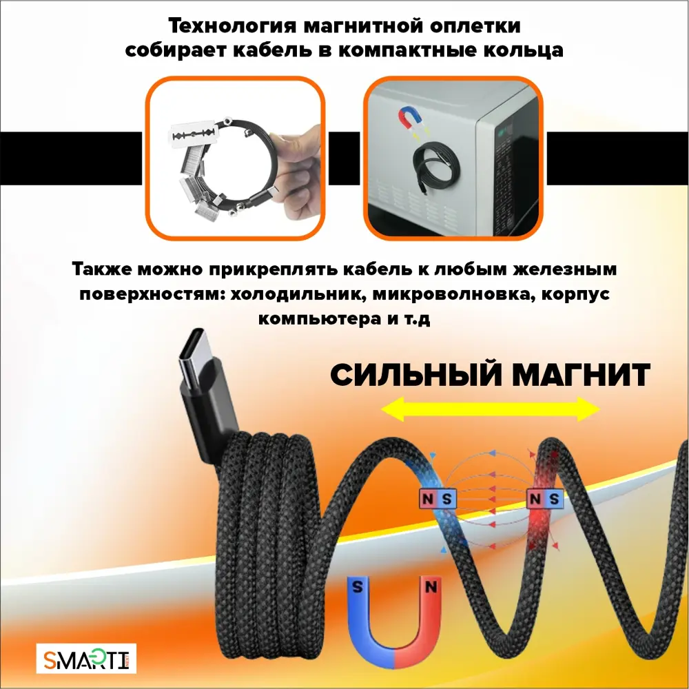 Фото 3 Кабель для зарядки Type A - Type-C SmartiNext SN-CM-TATC магнитный цвет черный Фото 3 Кабель для зарядки Type A - Type-C SmartiNext SN-CM-TATC магнитный цвет черный