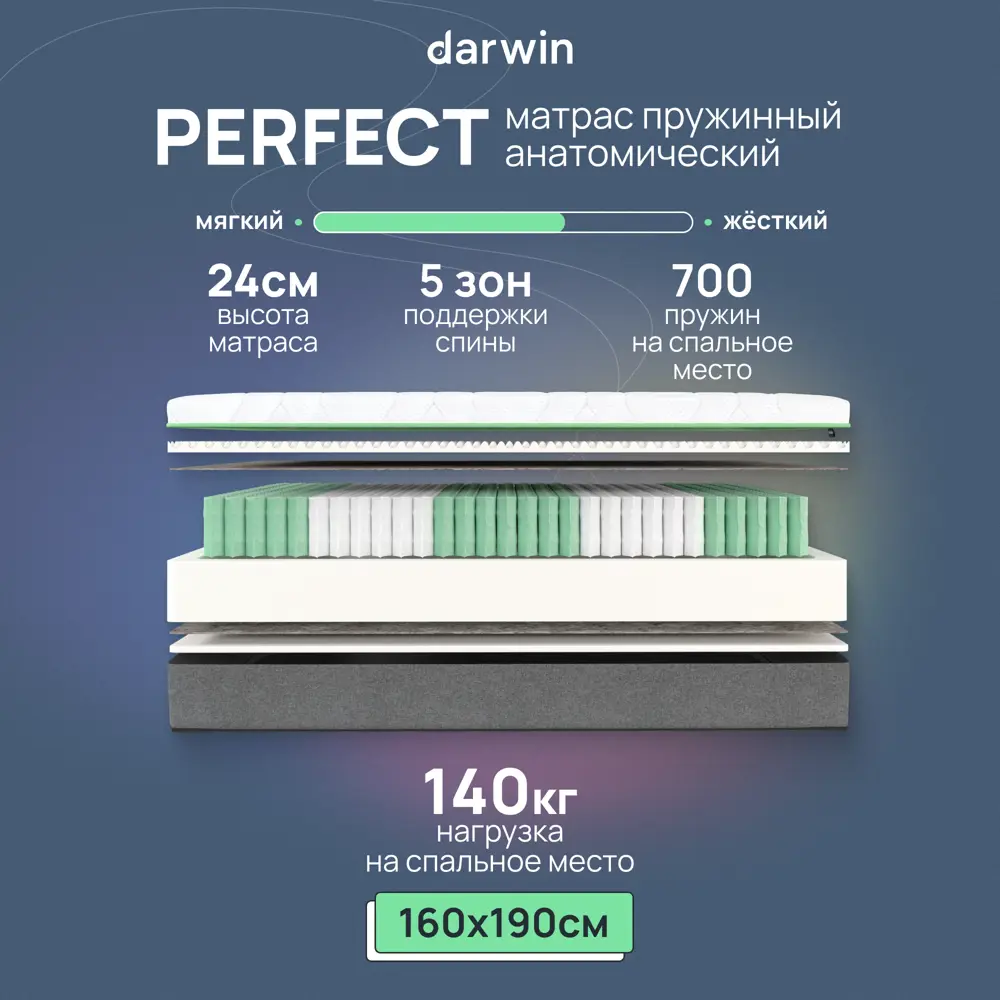 Фото Матрас Darwin Perfect 160x190x19 см независимый пружинный блок 2-спальный Фото Матрас Darwin Perfect 160x190x19 см независимый пружинный блок 2-спальный