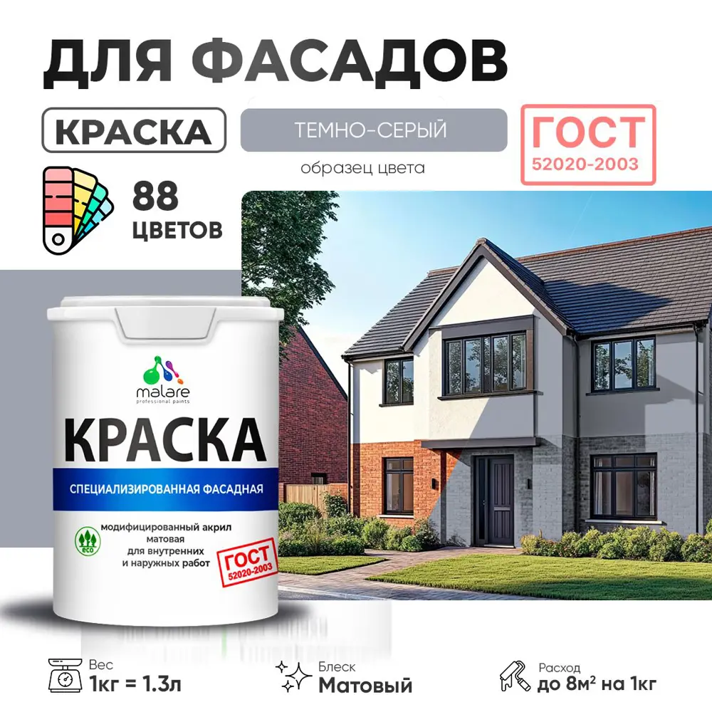 Фото Краска фасадная Malare Professional для дерева камня и кирпича УФ-стойкая быстросохнущая матовая цвет темно-серый 1 л Фото Краска фасадная Malare Professional для дерева камня и кирпича УФ-стойкая быстросохнущая матовая цвет темно-серый 1 л