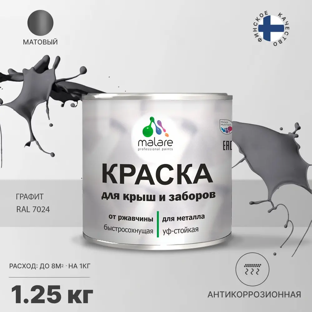 Фото Эмаль по ржавчине Malare FastCorr для крыш заборов быстросохнущая износостойкая матовый графитово-серыйтемный 1.25 кг Фото Эмаль по ржавчине Malare FastCorr для крыш заборов быстросохнущая износостойкая матовый графитово-серыйтемный 1.25 кг