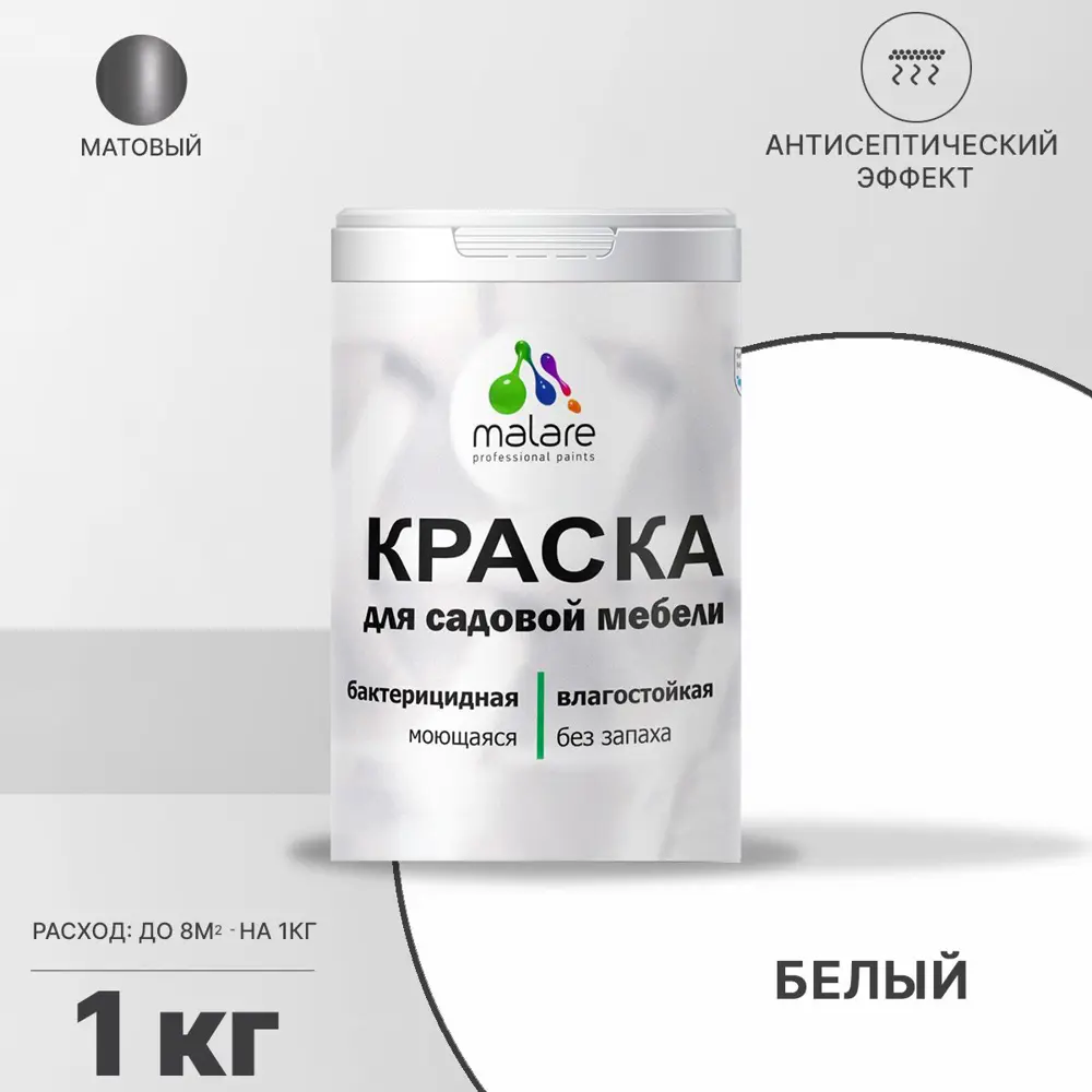 Фото Краска для садовой мебели Malare Latex антисептическая матовая цвет белый 0.5 кг