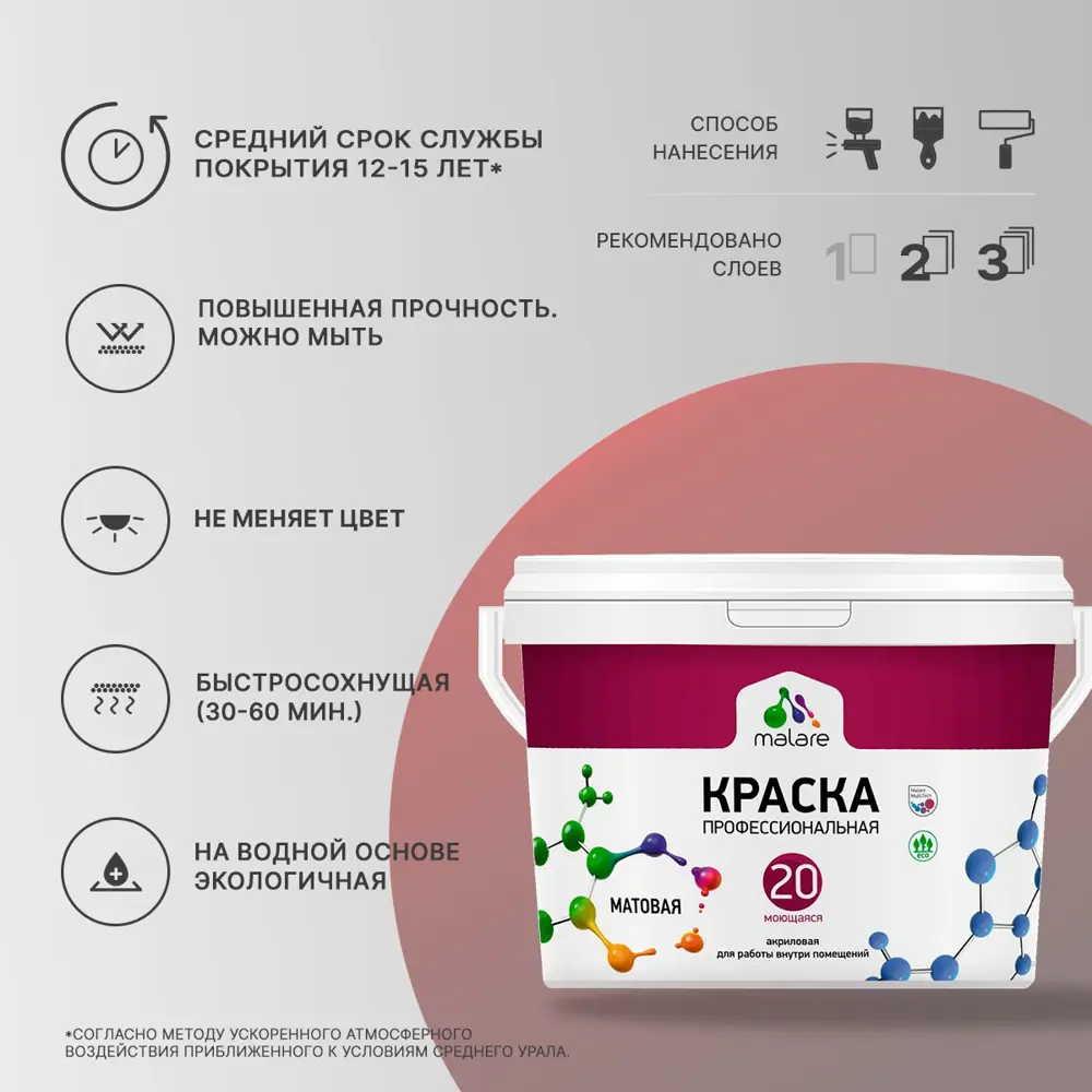 Фото 2 Краска для потолка и стен Malare Professional Euro №20 быстросохнущая матовая цвет георгин 9 л