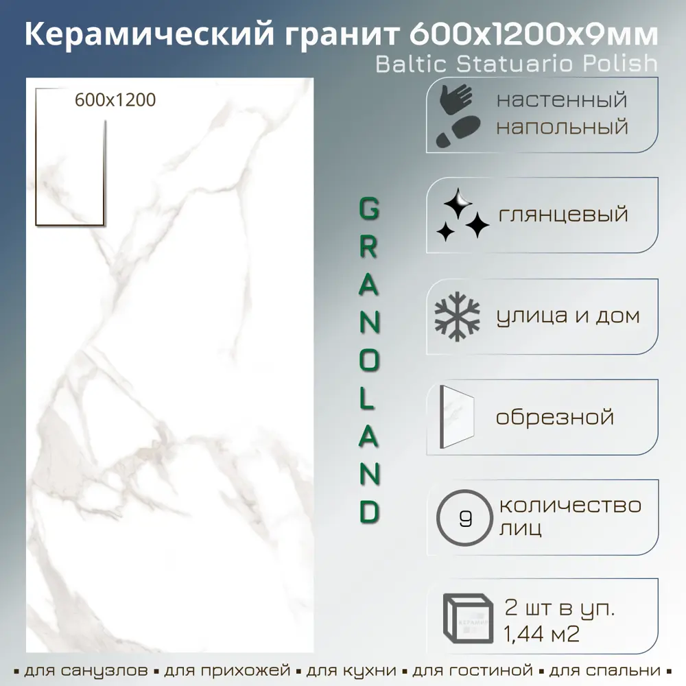 Фото Керамогранит Granoland Baltic Statuario 60x120 60x120см 1.44 м² цвет белый, цена за упаковку Фото Керамогранит Granoland Baltic Statuario 60x120 60x120см 1.44 м² цвет белый, цена за упаковку