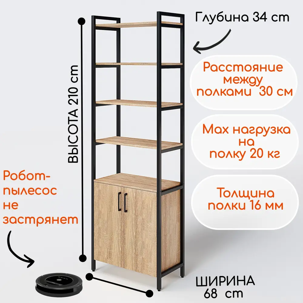 Фото Стеллаж с полками Лофт A1 home 68x210x34 см металл цвет дуб сонома Фото Стеллаж с полками Лофт A1 home 68x210x34 см металл цвет дуб сонома