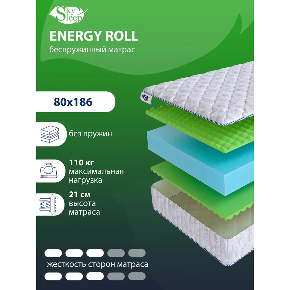 Фото Матрас SkySleep Energy Roll 80x186 см беспружинный, односпальный, ортопедический Фото Матрас SkySleep Energy Roll 80x186 см беспружинный, односпальный, ортопедический