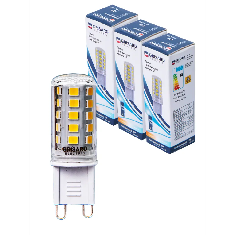 Фото Набор ламп Grisard electric GRE-002-0107(3) G9 170-240 В 3 Вт капсула 270 Лм нейтральный белый свет 3 шт