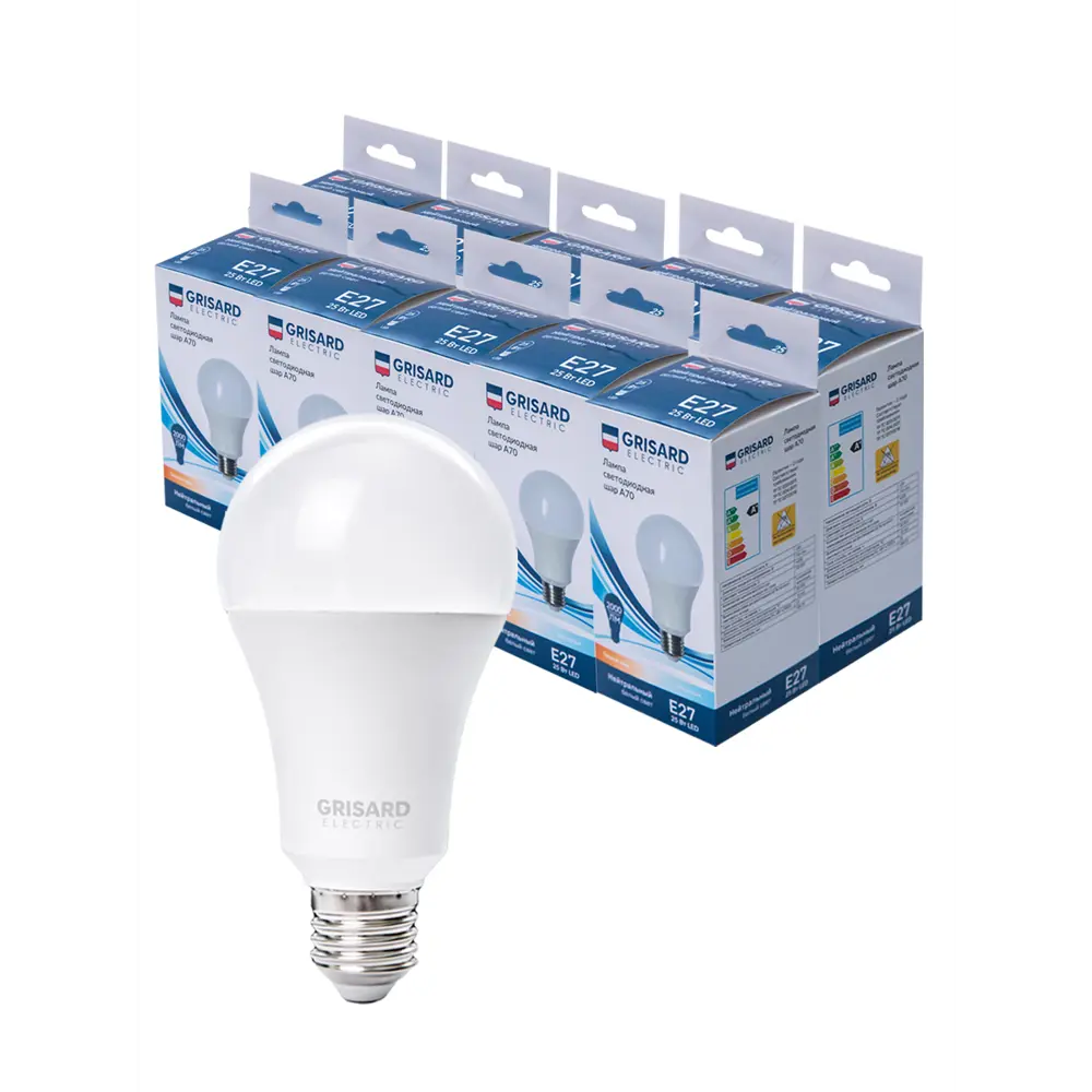 Фото Набор ламп светодиодных Grisard Electric A70 E27 25Вт 4000K GRE-002-0101 E27 170-240 В 25 Вт шар большой матовая 2000 Лм нейтральный белый свет 10 шт Фото Набор ламп светодиодных Grisard Electric A70 E27 25Вт 4000K GRE-002-0101 E27 170-240 В 25 Вт шар большой матовая 2000 Лм нейтральный белый свет 10 шт