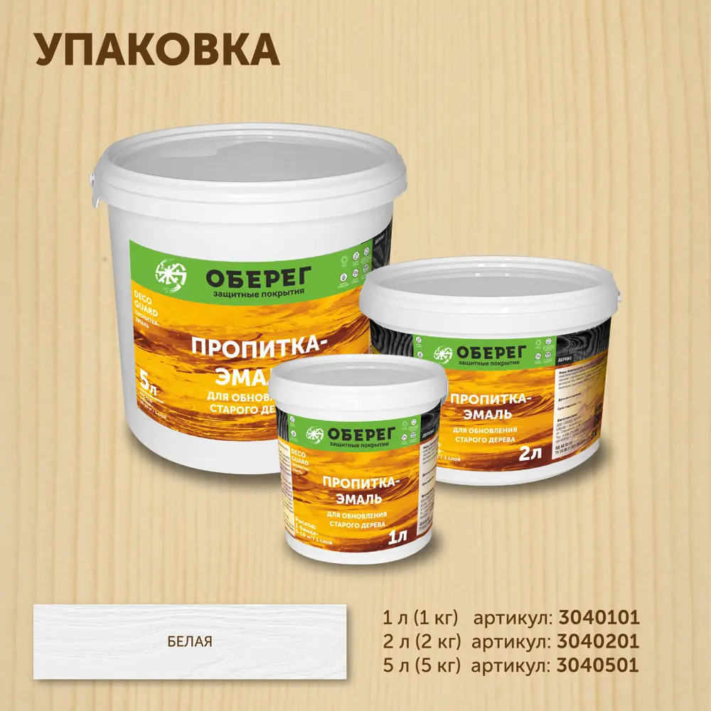 Фото 5 Пропитка-эмаль для обновления старого дерева Оберег DecoGuard белая 5 л Фото 5 Пропитка-эмаль для обновления старого дерева Оберег DecoGuard белая 5 л