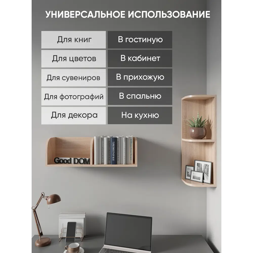 Фото Полка закругленная Good дом 70x20 см ЛДСП цвет сонома Фото Полка закругленная Good дом 70x20 см ЛДСП цвет сонома