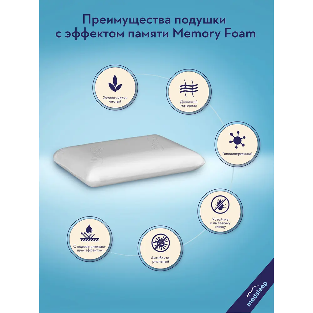 Фото 5 Подушка анатомическая Medsleep Memory Classic 58x36x8.5 см, полиуретановая пена Фото 5 Подушка анатомическая Medsleep Memory Classic 58x36x8.5 см, полиуретановая пена