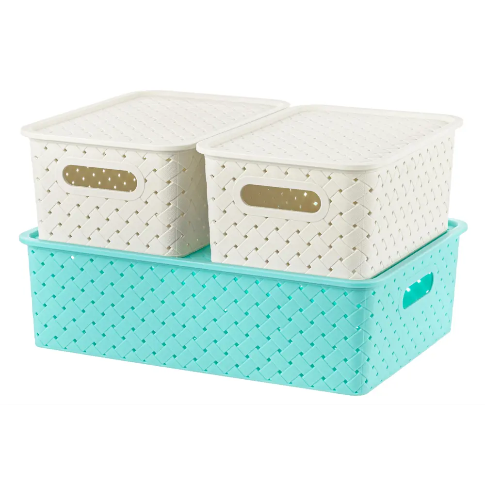 Фото Корзина El Casa 811973+3sgl 24.50x16.50x35.50 см полипропилен цвет бирюзовый/слоновая кость 3 шт