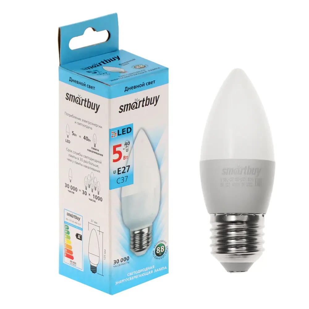 Фото Лампа светодиодная Smartbuy 1943829 E27 220 В 5 Вт свеча 400 Лм Фото Лампа светодиодная Smartbuy 1943829 E27 220 В 5 Вт свеча 400 Лм