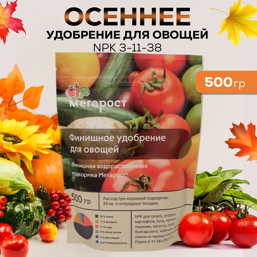 Фото 2 Осеннее удобрение Мегарост NPK 3-11-38 для овощей 500 г Фото 2 Осеннее удобрение Мегарост NPK 3-11-38 для овощей 500 г