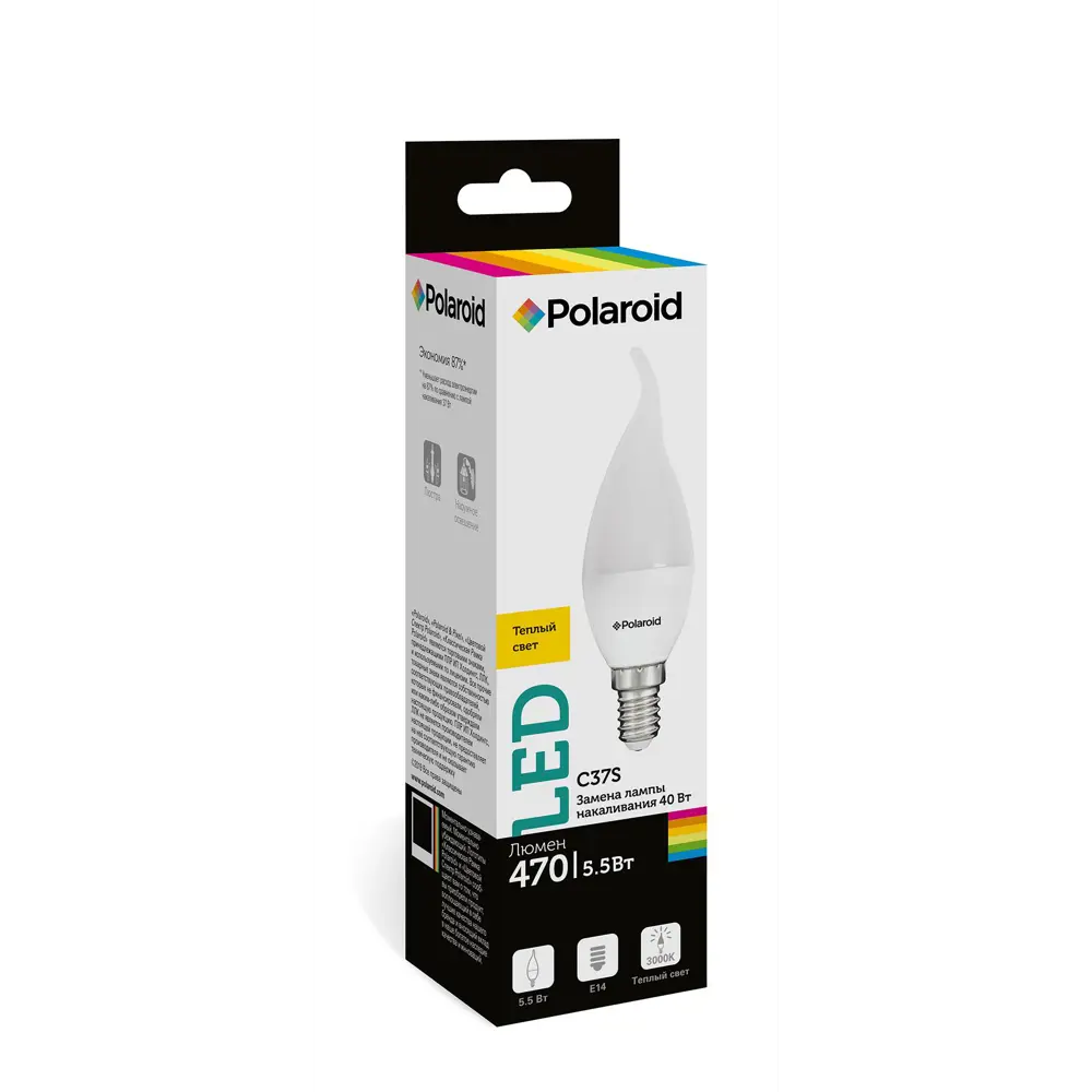 Фото Светодиодная лампа Polaroid PL-C37S55143 5.50 Вт теплый свет 470 Лм Фото Светодиодная лампа Polaroid PL-C37S55143 5.50 Вт теплый свет 470 Лм