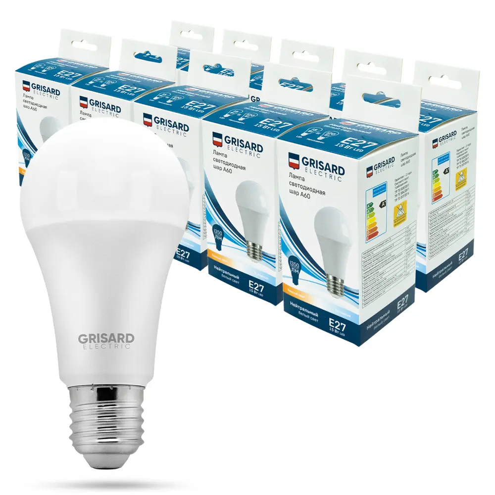 Фото Набор ламп светодиодных Grisard Electric A60 Е27 176–264 В 15 Вт шар большой перламутровая 1350 Лм холодный белый свет 10 шт Фото Набор ламп светодиодных Grisard Electric A60 Е27 176–264 В 15 Вт шар большой перламутровая 1350 Лм холодный белый свет 10 шт