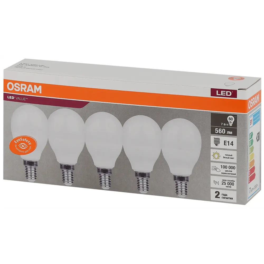 Фото 2 Набор ламп Osram Led Value 4058075578104 E14 7Вт 220-230В теплый белый (желтый) 5 шт