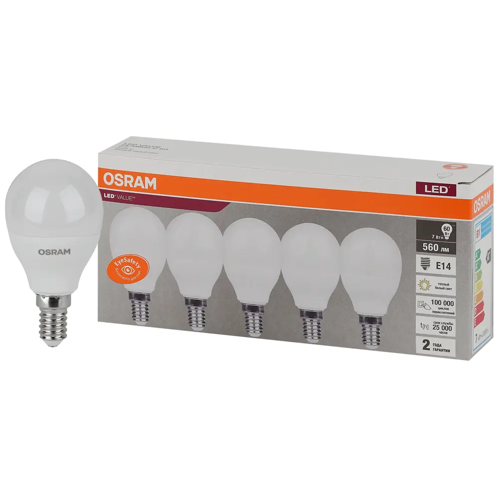 Фото Набор ламп Osram Led Value 4058075578104 E14 7Вт 220-230В теплый белый (желтый) 5 шт