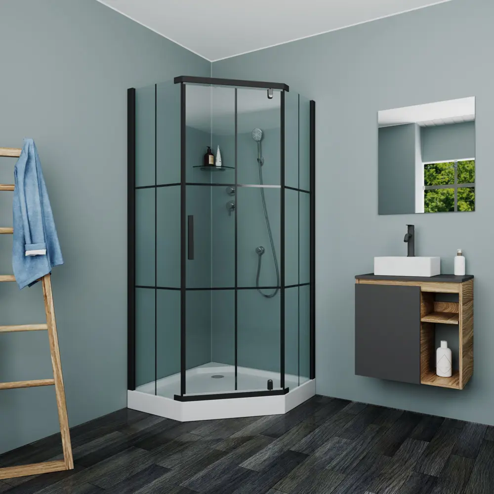 Фото Душевой уголок Bauedge Crystal SB0022B трапеция 90x90см черный профиль эффект стекла прозрачный