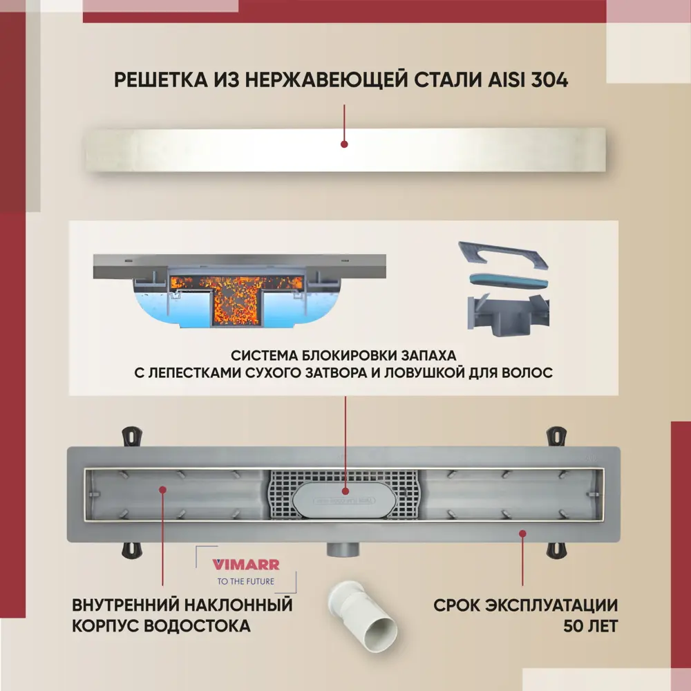 Фото 4 Трап для душа Vimarr 516LMD238011040 комбинированный затвор 11.2x85 см нержавеющая сталь Фото 4 Трап для душа Vimarr 516LMD238011040 комбинированный затвор 11.2x85 см нержавеющая сталь