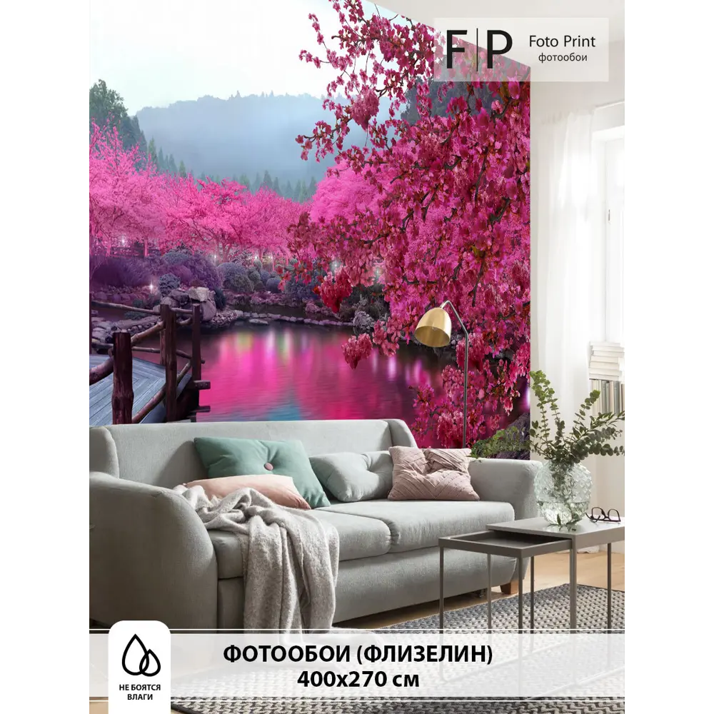 Фото Фотообои флизелиновые Foto print Цветущая сакура у озера 400x270 см 19-007-А-4-2.7 Фото Фотообои флизелиновые Foto print Цветущая сакура у озера 400x270 см 19-007-А-4-2.7