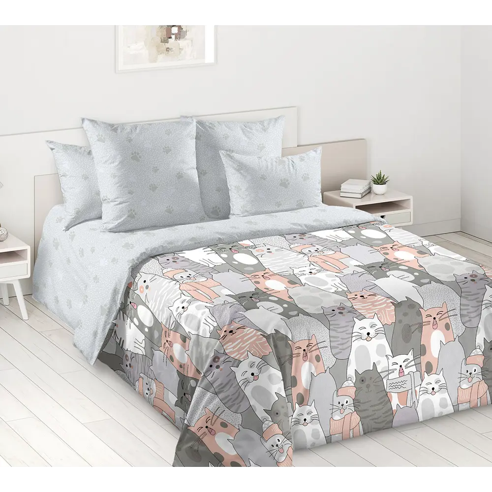 Фото Простыня Home mercury Котики 2 220x240 см перкаль без резинки цвет серый