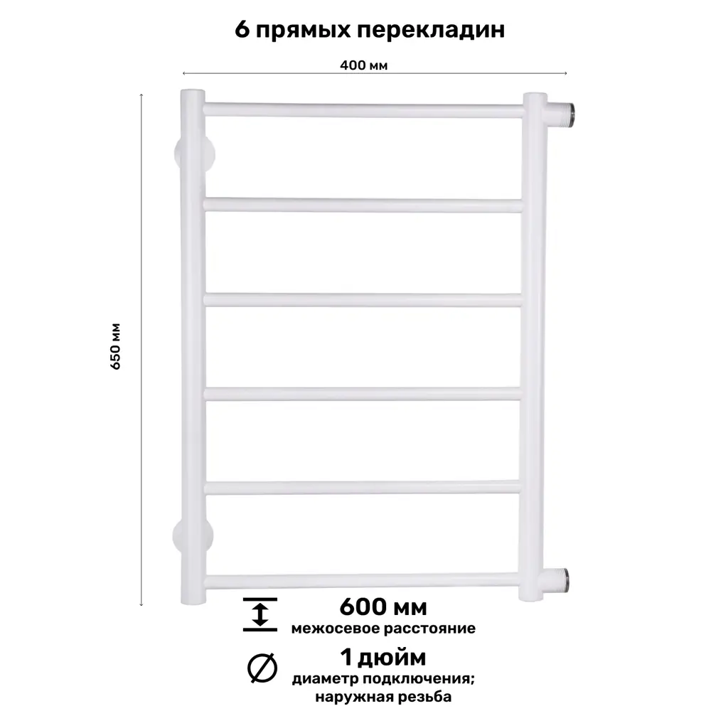 Фото 2 Полотенцесушитель водяной прямой Олимп 40x65 см боковое подключение 1" нержавеющая сталь 304 цвет белый