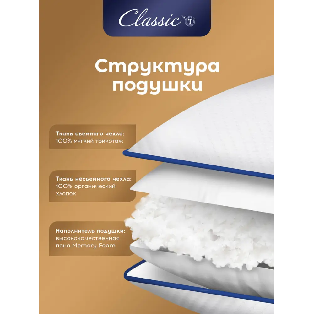 Фото 4 Подушка анатомическая Classic by T Лимерик 45x65 см, полиуретановая пена Фото 4 Подушка анатомическая Classic by T Лимерик 45x65 см, полиуретановая пена