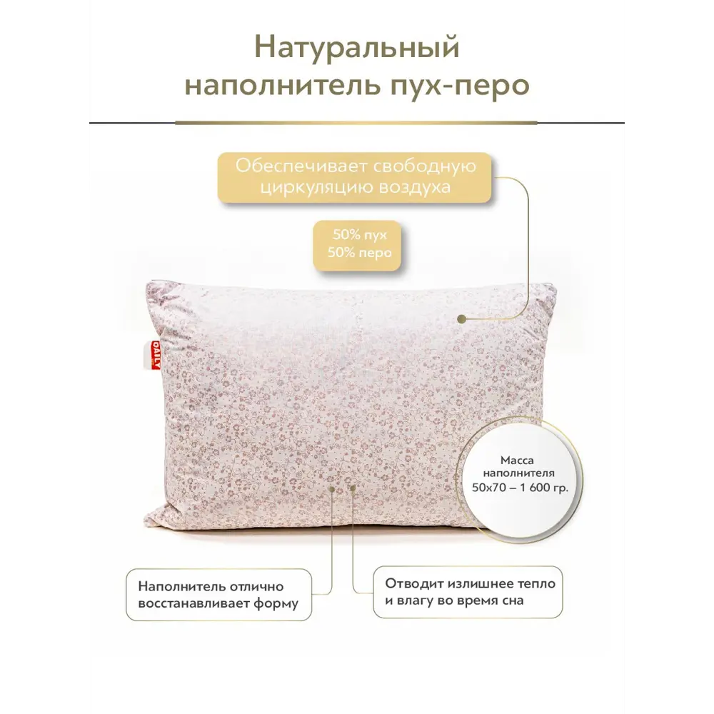 Фото 3 Подушка Daily by T пух-перо в тике 70x50см перо Фото 3 Подушка Daily by T пух-перо в тике 70x50см перо