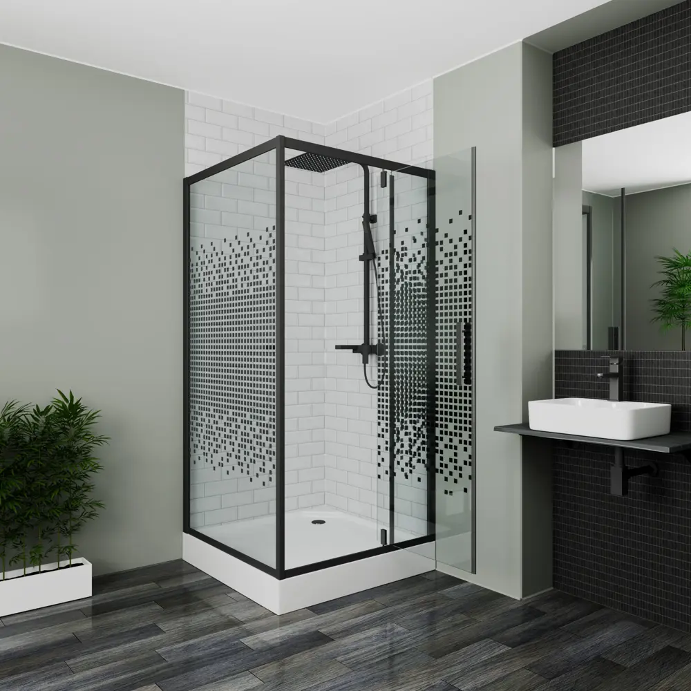 Фото Душевой уголок Bauedge Stil SB0032B квадрат 90x90см черный профиль эффект стекла прозрачный