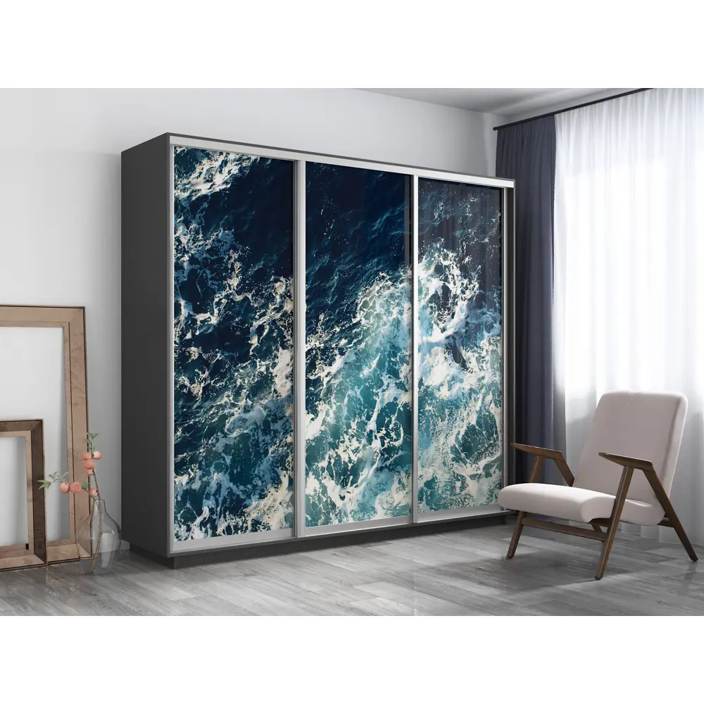 Фото Шкаф-купе фотопечать Мебельная Компания Е1 3 дверный 220x180x45 см 9 полок ЛДСП цвет серый Фото Шкаф-купе фотопечать Мебельная Компания Е1 3 дверный 220x180x45 см 9 полок ЛДСП цвет серый