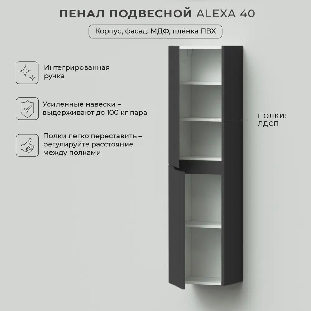 Фото 3 Пенал для ванной Итана Alexa 40 подвесной 40x31.6x160см левый цвет графит Фото 3 Пенал для ванной Итана Alexa 40 подвесной 40x31.6x160см левый цвет графит