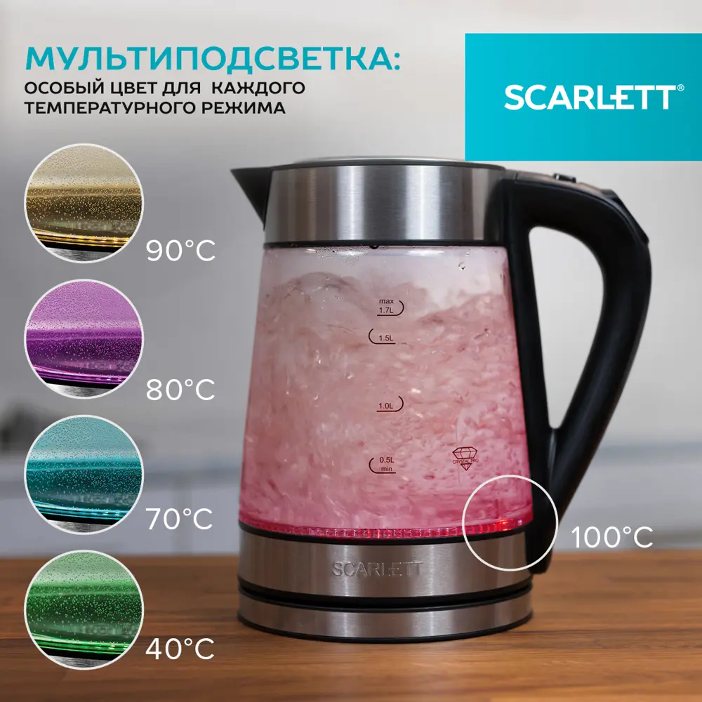 Фото 3 Чайник 1.7 л Scarlett SC-EK27G55 стекло цвет нержавеющая сталь