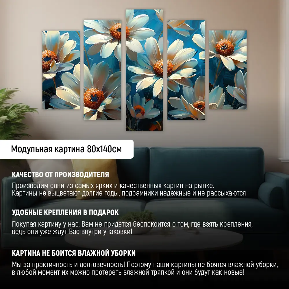 Фото 3 Картина модульная на стену ДоброДаров Абстракция ромашки 140x80 см MD0830 Фото 3 Картина модульная на стену ДоброДаров Абстракция ромашки 140x80 см MD0830