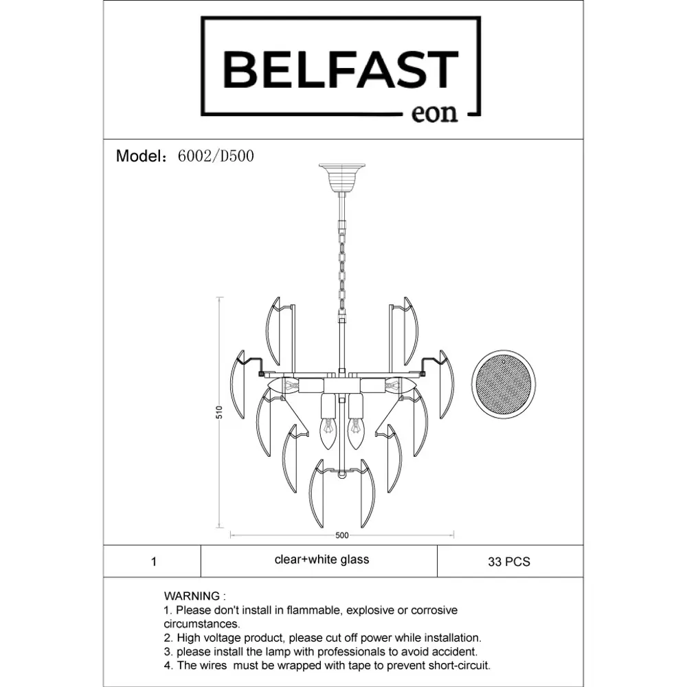 Фото 5 Люстра подвесная Belfast Dublin 6002-500-ch-wh 6 ламп 9.43 м² цвет хром, белый Фото 5 Люстра подвесная Belfast Dublin 6002-500-ch-wh 6 ламп 9.43 м² цвет хром, белый