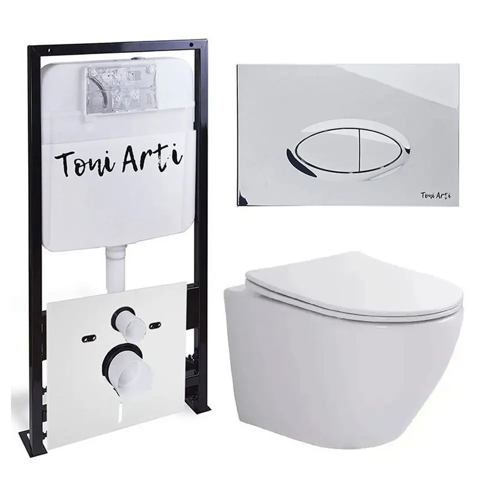 Фото Комплект инсталляция и безободковый унитазом TONI ARTI TA-01+TA-1900+TA-0051-АР Russi с клавишей Freto с сиденьем с микролифтом Фото Комплект инсталляция и безободковый унитазом TONI ARTI TA-01+TA-1900+TA-0051-АР Russi с клавишей Freto с сиденьем с микролифтом