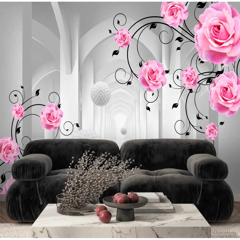 Фото Фотообои флизелиновые Dekor vinil Комната 3d с розами и шарами 300x270 см 9332dv