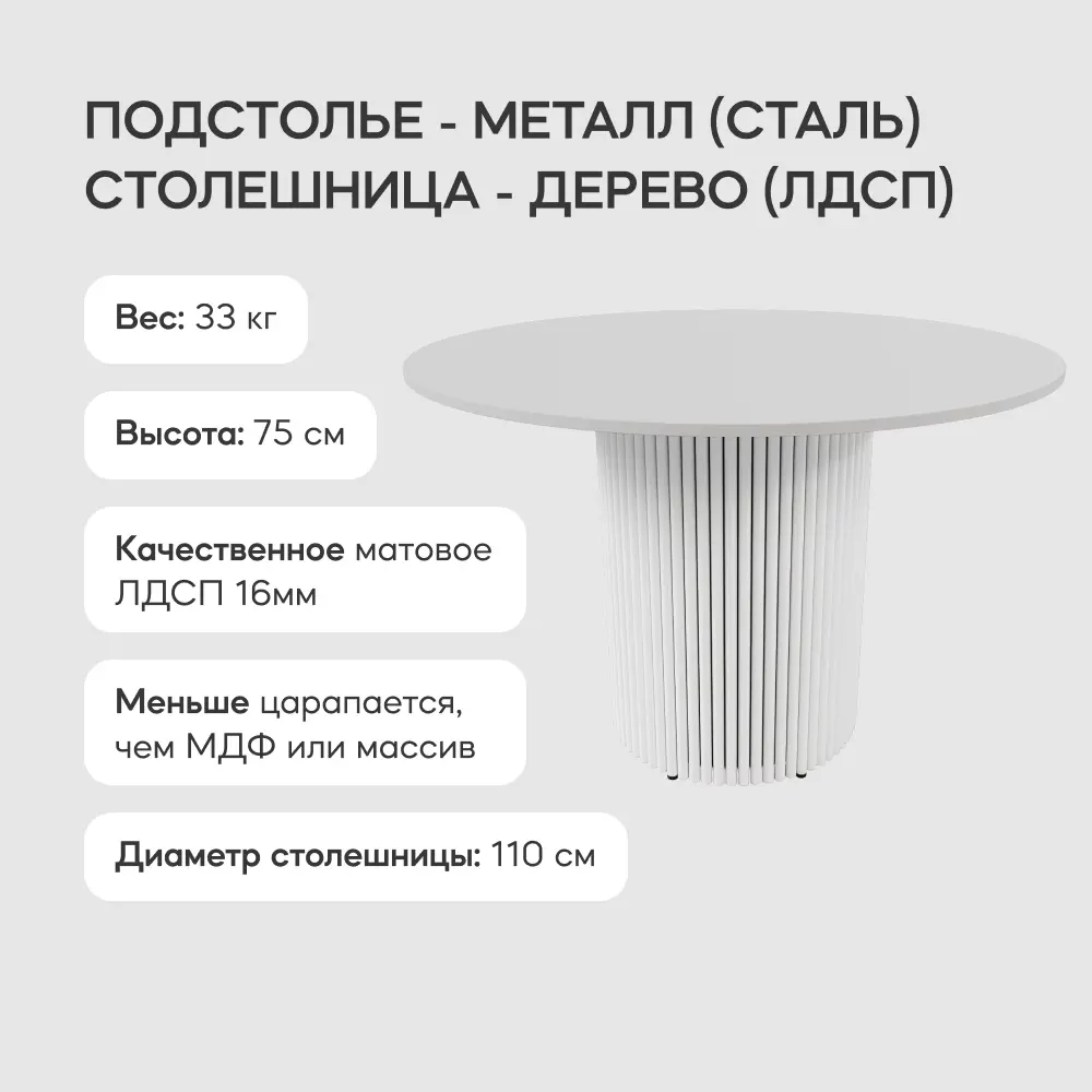 Фото 2 Кухонный стол круглый Genglass Trubis wood 110x110 см белым подстольем ЛДСП цвет белый Фото 2 Кухонный стол круглый Genglass Trubis wood 110x110 см белым подстольем ЛДСП цвет белый