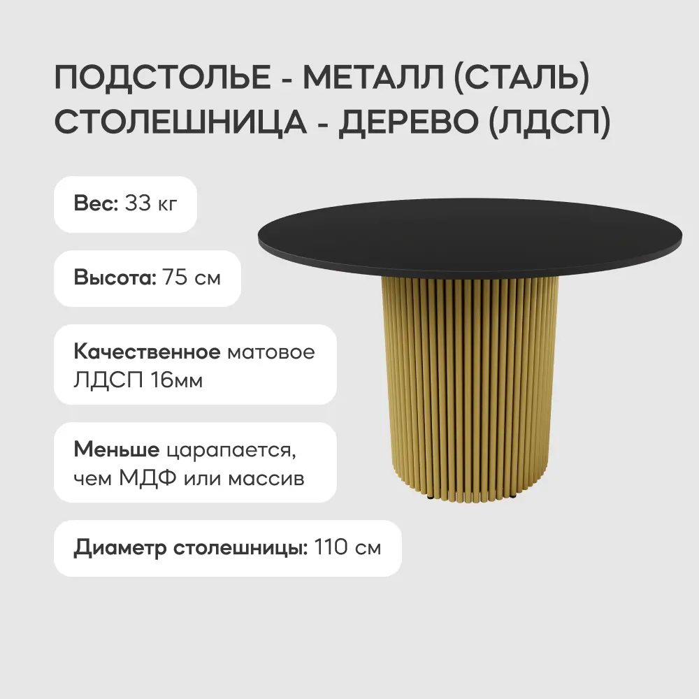 Фото 2 Кухонный стол круглый Genglass Trubis wood 110x110 см золотым подстольем ЛДСП цвет черный Фото 2 Кухонный стол круглый Genglass Trubis wood 110x110 см золотым подстольем ЛДСП цвет черный